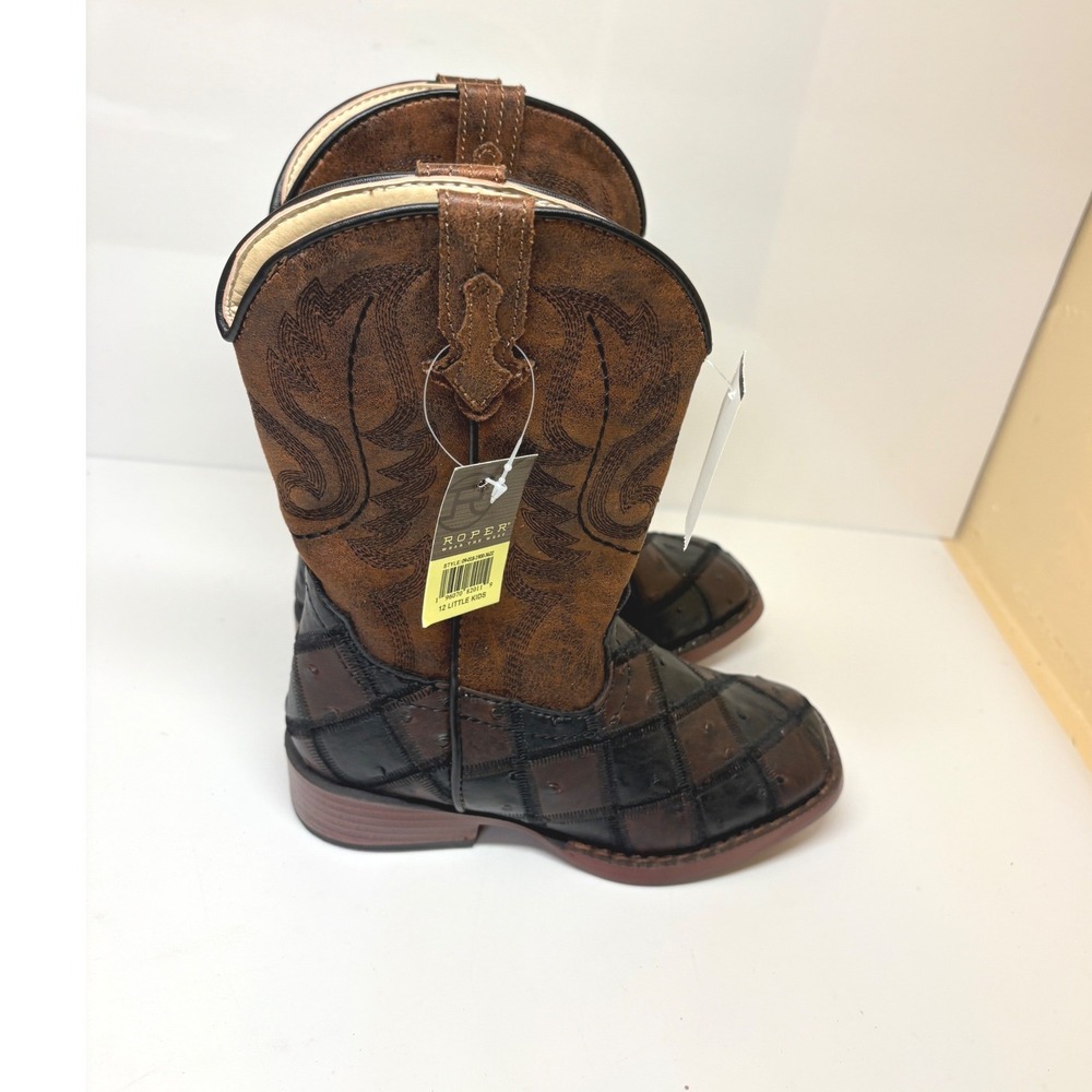 Roper Kids Boys 12 Bird Block Faux Ostrich Square Toe Cowboy Boots Burgundy